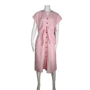 Gray Label Women's US12 Pink White Gingham Dress Tie-Up V-Neck Pockets Midi NWT